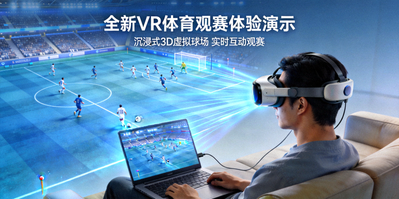 全新VR体育观赛体验演示 - 用户佩戴头戴设备观看虚拟球场